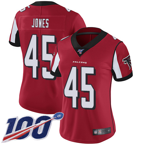 Falcons #45 Deion Jones Red Team Color Women's Stitched Football 100th Season Vapor Limited Jersey