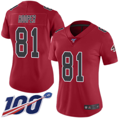 Falcons #81 Austin Hooper Red Women's Stitched Football Limited Rush 100th Season Jersey
