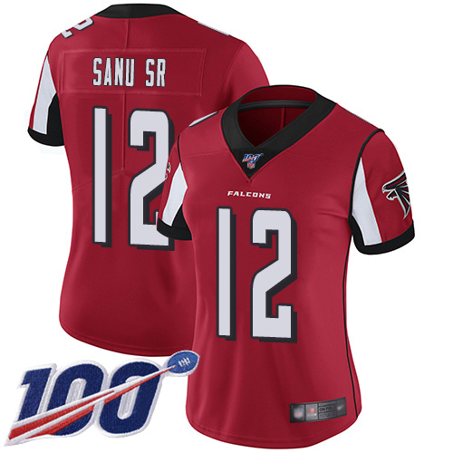 Falcons #12 Mohamed Sanu Sr Red Team Color Women's Stitched Football 100th Season Vapor Limited Jersey