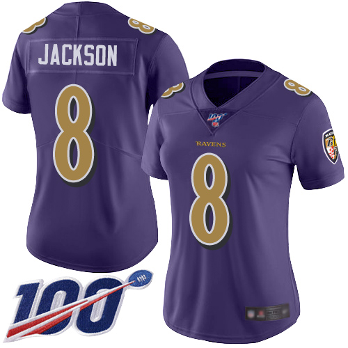 Ravens #8 Lamar Jackson Purple Women's Stitched Football Limited Rush 100th Season Jersey