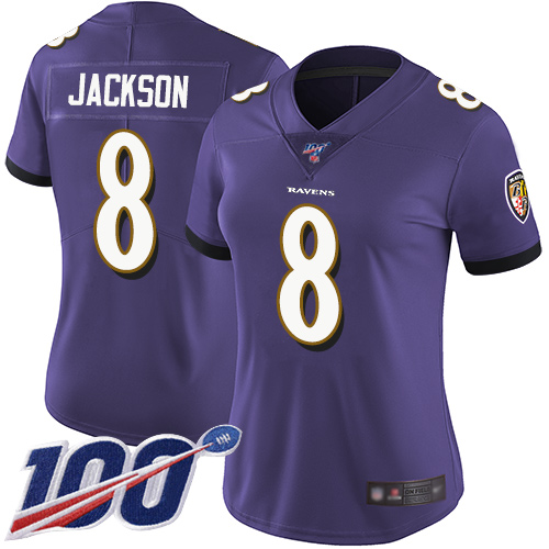 Ravens #8 Lamar Jackson Purple Team Color Women's Stitched Football 100th Season Vapor Limited Jersey