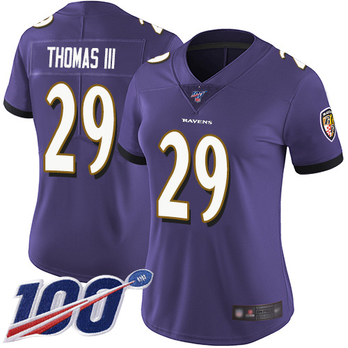 Ravens #29 Earl Thomas III Purple Team Color Women's Stitched Football 100th Season Vapor Limited Jersey