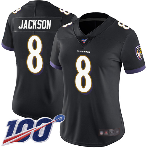 Ravens #8 Lamar Jackson Black Alternate Women's Stitched Football 100th Season Vapor Limited Jersey