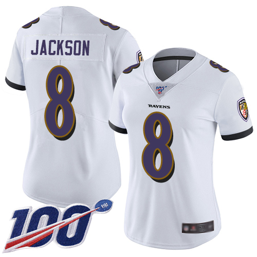 Ravens #8 Lamar Jackson White Women's Stitched Football 100th Season Vapor Limited Jersey