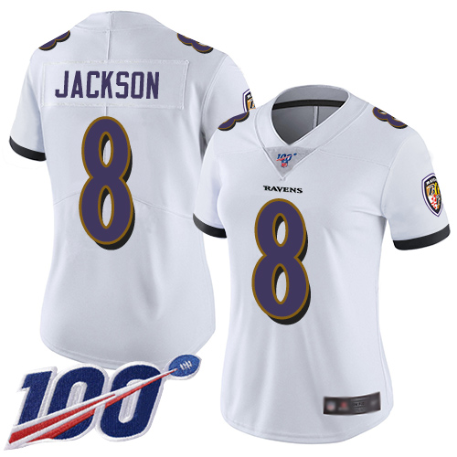 Ravens #8 Lamar Jackson White Women's Stitched Football 100th Season Vapor Limited Jersey Ravens #8 Lamar Jackson White Women's Stitched Football 100th Season Vapor Limited Jersey