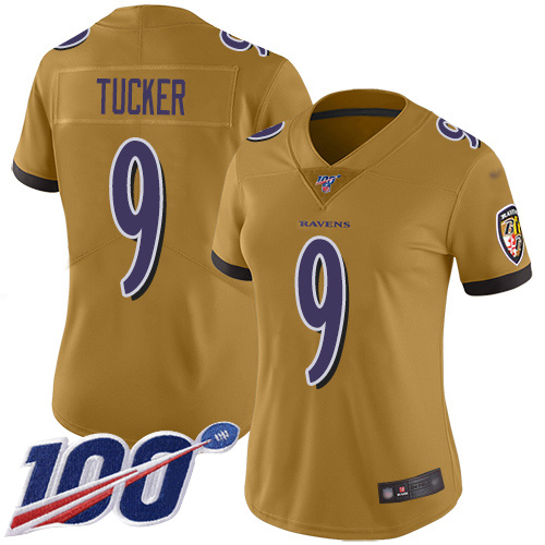 Ravens #9 Justin Tucker Gold Women's Stitched Football Limited Inverted Legend 100th Season Jersey