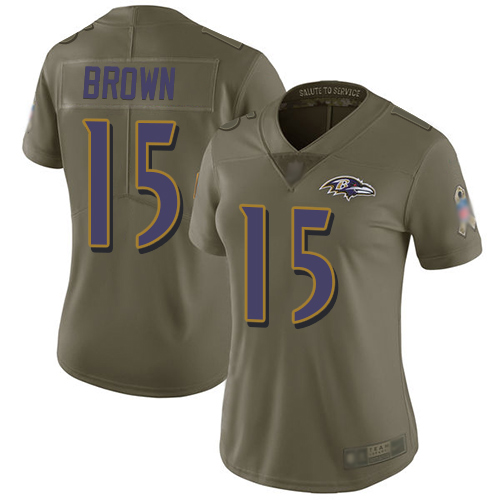 Ravens #15 Marquise Brown Olive Women's Stitched Football Limited 2017 Salute to Service Jersey