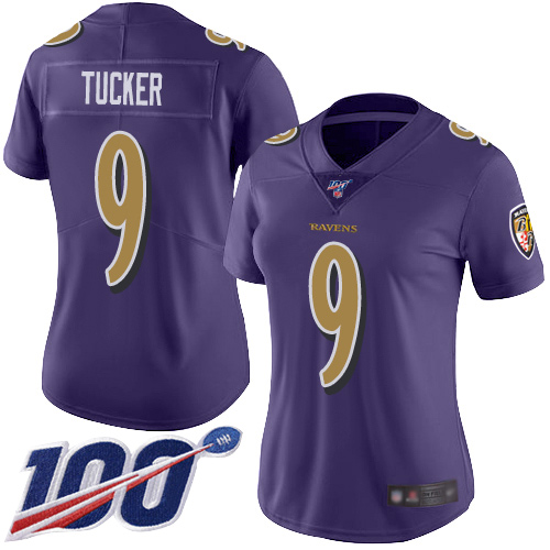 Ravens #9 Justin Tucker Purple Women's Stitched Football Limited Rush 100th Season Jersey