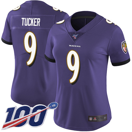 Ravens #9 Justin Tucker Purple Team Color Women's Stitched Football 100th Season Vapor Limited Jersey