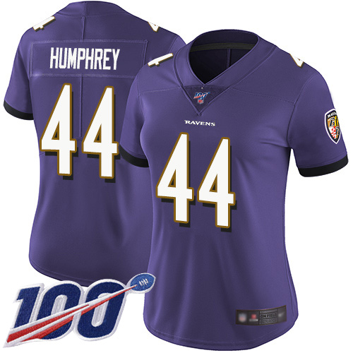 Ravens #44 Marlon Humphrey Purple Team Color Women's Stitched Football 100th Season Vapor Limited Jersey