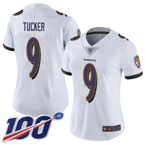Ravens #9 Justin Tucker White Women's Stitched Football 100th Season Vapor Limited Jersey