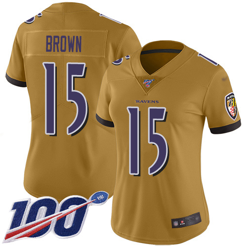 Ravens #15 Marquise Brown Gold Women's Stitched Football Limited Inverted Legend 100th Season Jersey