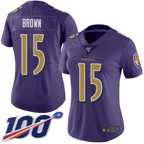 Ravens #15 Marquise Brown Purple Women's Stitched Football Limited Rush 100th Season Jersey