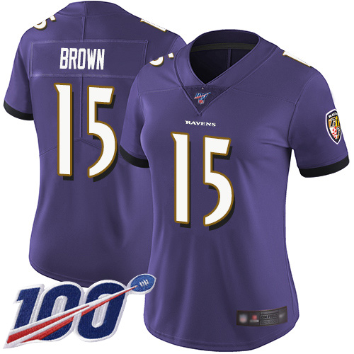 Ravens #15 Marquise Brown Purple Team Color Women's Stitched Football 100th Season Vapor Limited Jersey
