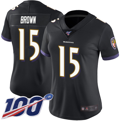 Ravens #15 Marquise Brown Black Alternate Women's Stitched Football 100th Season Vapor Limited Jersey