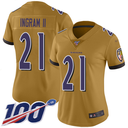 Ravens #21 Mark Ingram II Gold Women's Stitched Football Limited Inverted Legend 100th Season Jersey