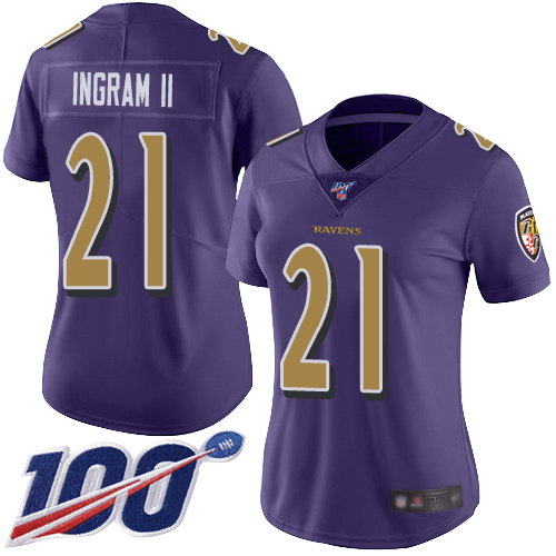 Ravens #21 Mark Ingram II Purple Women's Stitched Football Limited Rush 100th Season Jersey
