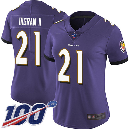Ravens #21 Mark Ingram II Purple Team Color Women's Stitched Football 100th Season Vapor Limited Jersey