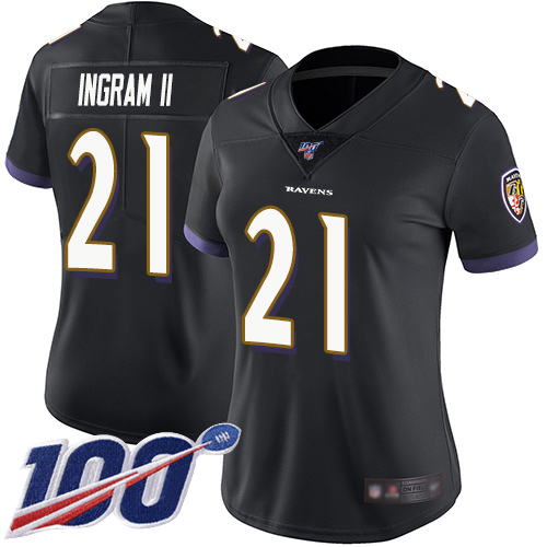 Ravens #21 Mark Ingram II Black Alternate Women's Stitched Football 100th Season Vapor Limited Jersey