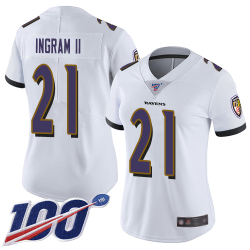 Ravens #21 Mark Ingram II White Women's Stitched Football 100th Season Vapor Limited Jersey