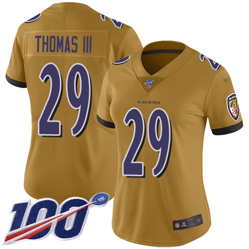 Ravens #29 Earl Thomas III Gold Women's Stitched Football Limited Inverted Legend 100th Season Jersey