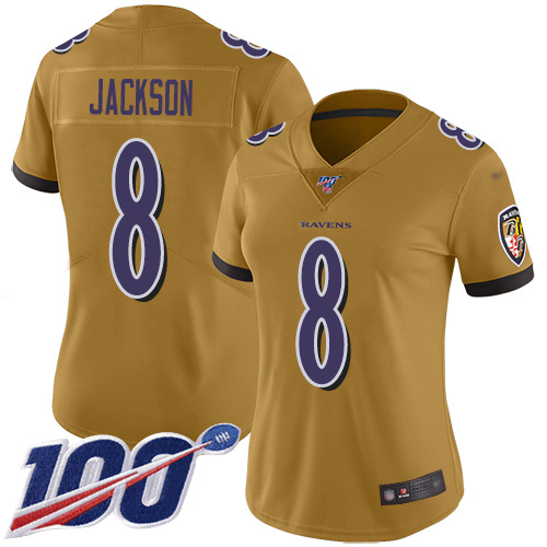 Ravens #8 Lamar Jackson Gold Women's Stitched Football Limited Inverted Legend 100th Season Jersey Ravens #8 Lamar Jackson Gold Women's Stitched Football Limited Inverted Legend 100th Season Jersey