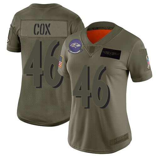 Ravens #46 Morgan Cox Camo Women's Stitched Football Limited 2019 Salute to Service Jersey