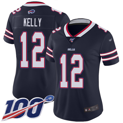 Bills #12 Jim Kelly Navy Women's Stitched Football Limited Inverted Legend 100th Season Jersey