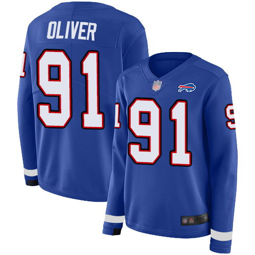 Bills #91 Ed Oliver Royal Blue Team Color Women's Stitched Football Limited Therma Long Sleeve Jersey