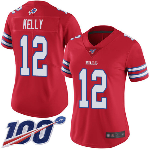 Bills #12 Jim Kelly Red Women's Stitched Football Limited Rush 100th Season Jersey