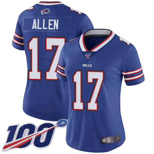 Bills #17 Josh Allen Royal Blue Team Color Women's Stitched Football 100th Season Vapor Limited Jersey