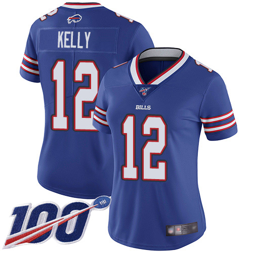 Bills #12 Jim Kelly Royal Blue Team Color Women's Stitched Football 100th Season Vapor Limited Jersey