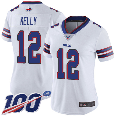 Bills #12 Jim Kelly White Women's Stitched Football 100th Season Vapor Limited Jersey