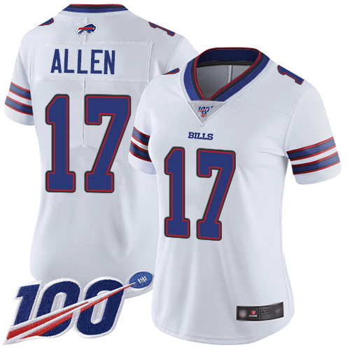 Bills #17 Josh Allen White Women's Stitched Football 100th Season Vapor Limited Jersey