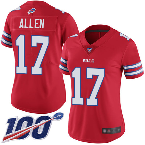 Bills #17 Josh Allen Red Women's Stitched Football Limited Rush 100th Season Jersey