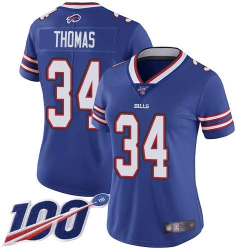 Bills #34 Thurman Thomas Royal Blue Team Color Women's Stitched Football 100th Season Vapor Limited Jersey