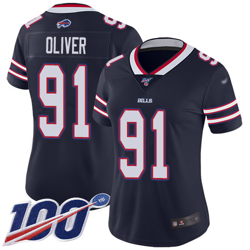 Bills #91 Ed Oliver Navy Women's Stitched Football Limited Inverted Legend 100th Season Jersey