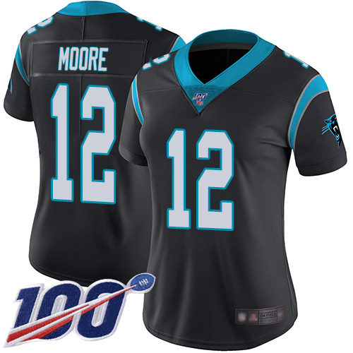 Panthers #12 DJ Moore Black Team Color Women's Stitched Football 100th Season Vapor Limited Jersey