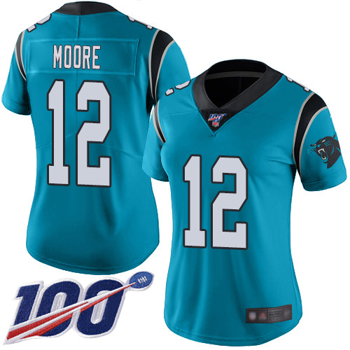 Panthers #12 DJ Moore Blue Alternate Women's Stitched Football 100th Season Vapor Limited Jersey