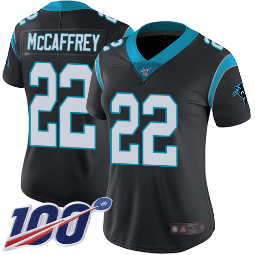 Panthers #22 Christian McCaffrey Black Team Color Women's Stitched Football 100th Season Vapor Limited Jersey