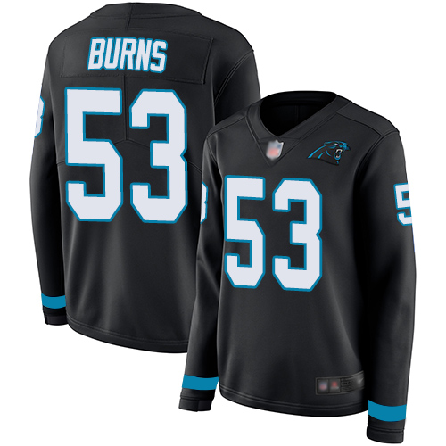 Panthers #53 Brian Burns Black Team Color Women's Stitched Football Limited Therma Long Sleeve Jersey