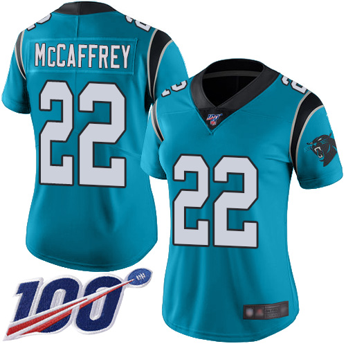 Panthers #22 Christian McCaffrey Blue Alternate Women's Stitched Football 100th Season Vapor Limited Jersey