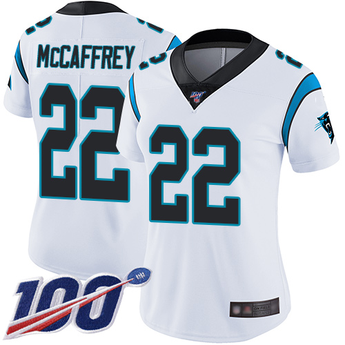 Panthers #22 Christian McCaffrey White Women's Stitched Football 100th Season Vapor Limited Jersey Panthers #22 Christian McCaffrey White Women's Stitched Football 100th Season Vapor Limited Jersey
