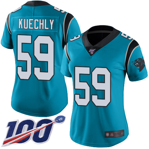 Panthers #59 Luke Kuechly Blue Alternate Women's Stitched Football 100th Season Vapor Limited Jersey
