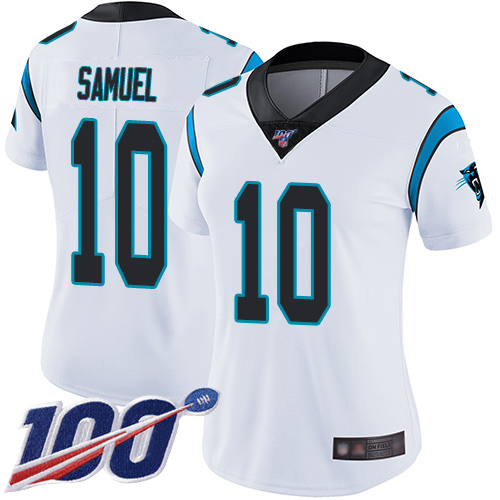 Panthers #10 Curtis Samuel White Women's Stitched Football 100th Season Vapor Limited Jersey