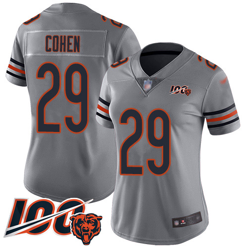 Bears #29 Tarik Cohen Silver Women's Stitched Football Limited Inverted Legend 100th Season Jersey
