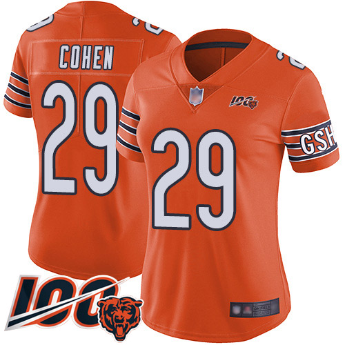 Bears #29 Tarik Cohen Orange Women's Stitched Football Limited Rush 100th Season Jersey