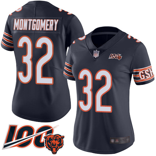 Bears #32 David Montgomery Navy Blue Team Color Women's Stitched Football 100th Season Vapor Limited Jersey