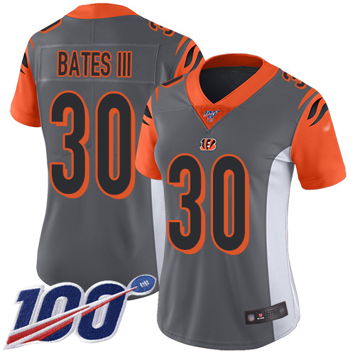 Bengals #30 Jessie Bates III Silver Women's Stitched Football Limited Inverted Legend 100th Season Jersey