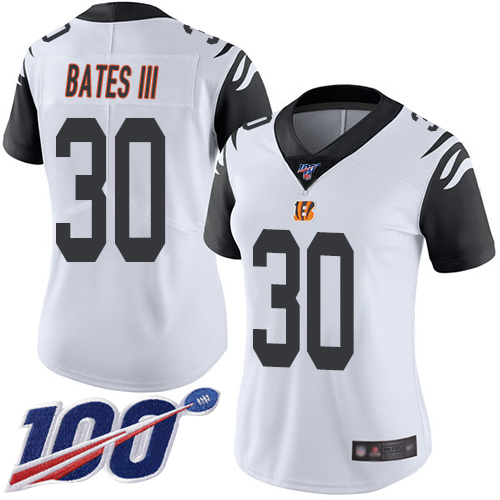 Bengals #30 Jessie Bates III White Women's Stitched Football Limited Rush 100th Season Jersey Bengals #30 Jessie Bates III White Women's Stitched Football Limited Rush 100th Season Jersey